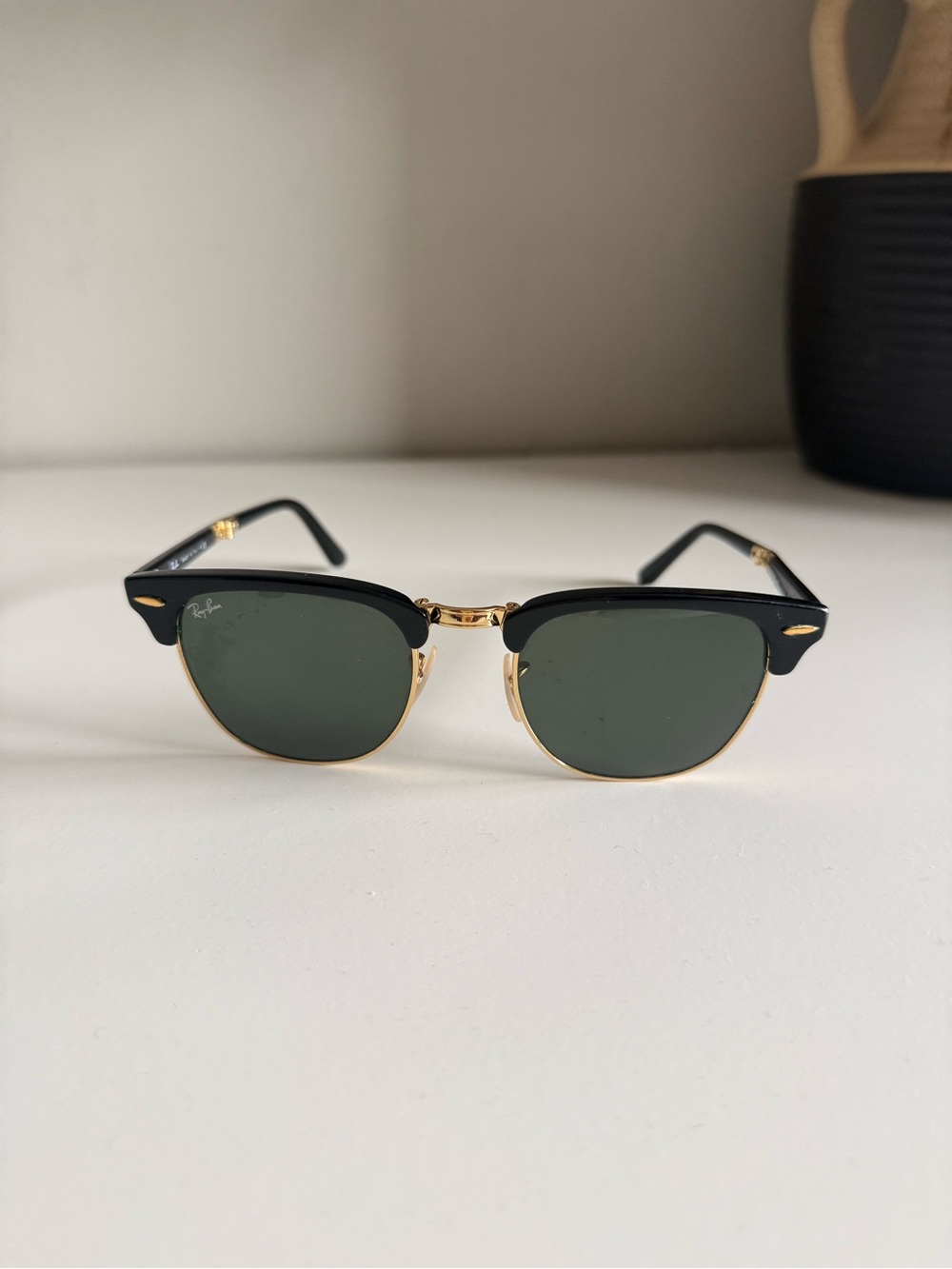Ray-Ban Clubmaster Folding Sunglasses in Black and Gold with Green Lenses